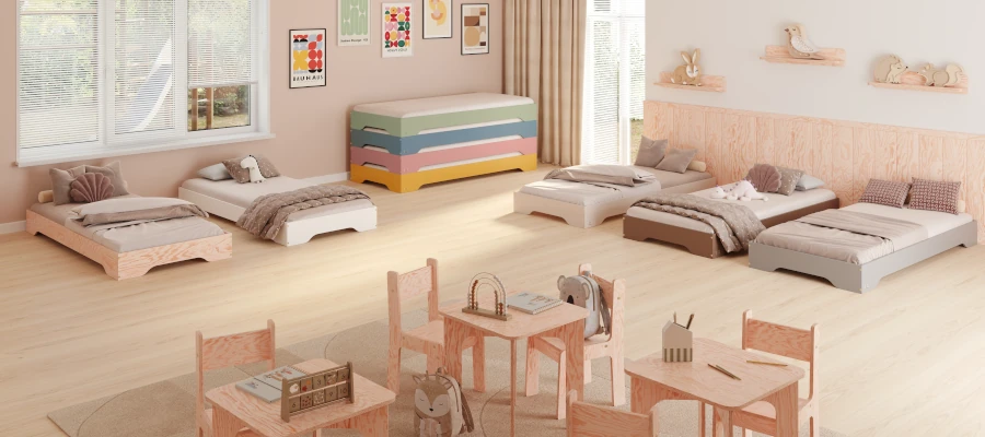 Łóżko pojedyncze dla dzieci podłogowe ze stelażem TILA 7 Montessori Drewniane